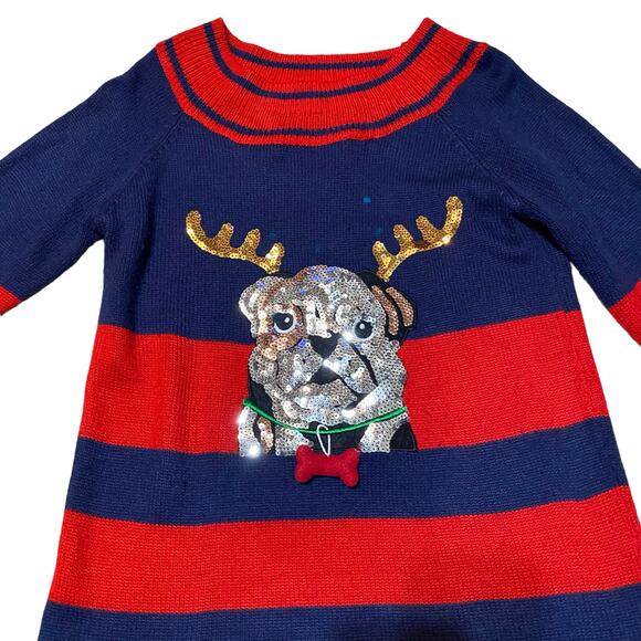 Holiday Time Bulldog Pug Sequin Embellished Dog Striped Ugly Christmas Sweater S - Picture 4 of 6
